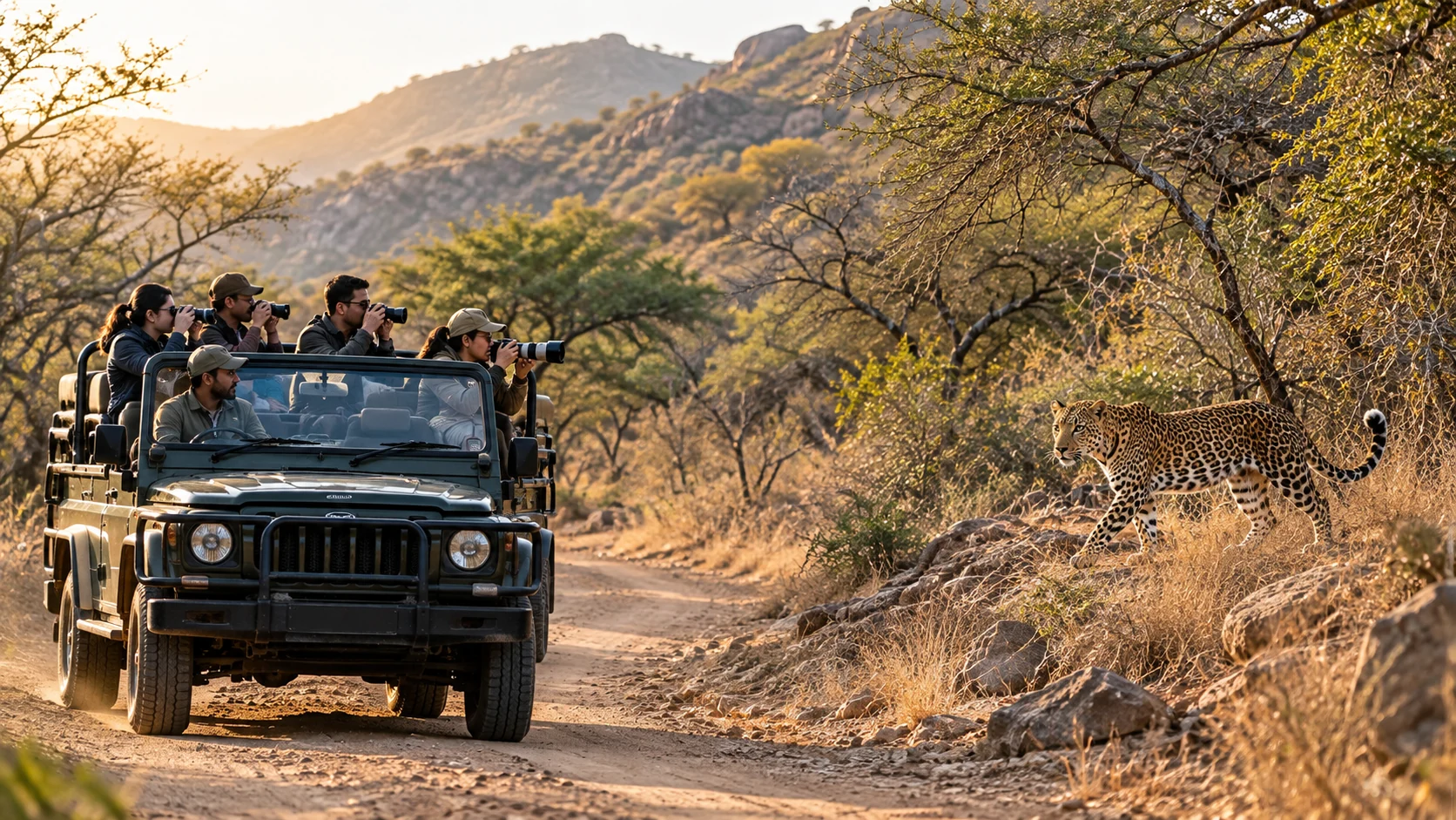 Open safari jeep and wildlife in rocky scrubland